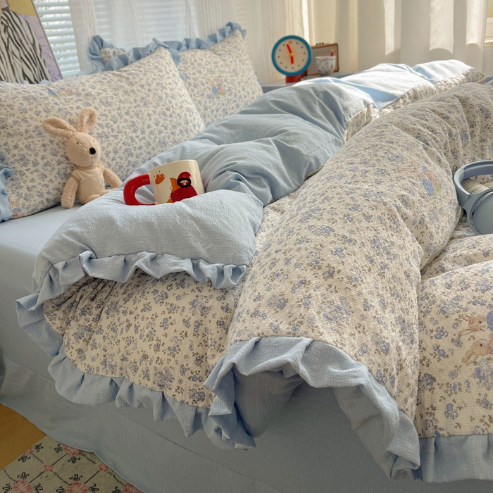 迪梦姿家纺 2026新款高克重泡芙纱泡泡纱床单款四件套系列 兔仔花田