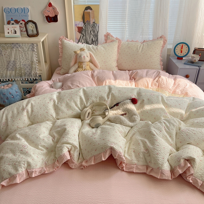 91家纺网 家纺一手货源 找家纺 迪梦姿家纺 2026新款高克重泡芙纱泡泡纱床单款四件套系列 春日甜桃心米