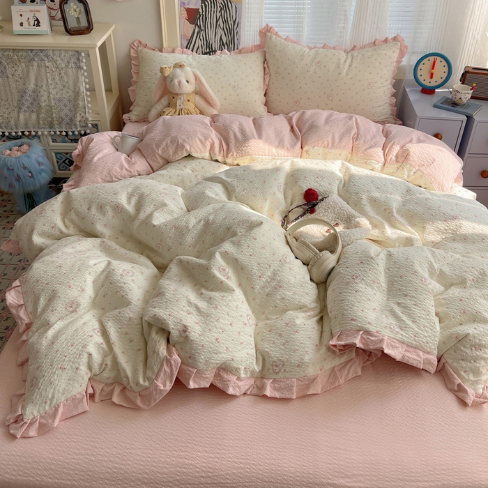 91家纺网 家纺一手货源 找家纺 迪梦姿家纺 2026新款高克重泡芙纱泡泡纱床单款四件套系列 春日甜桃心米