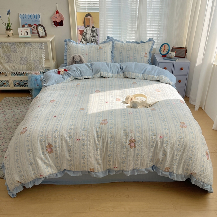 91家纺网 家纺一手货源 找家纺 迪梦姿家纺 2026新款高克重泡芙纱泡泡纱床单款四件套系列 纯宅熊