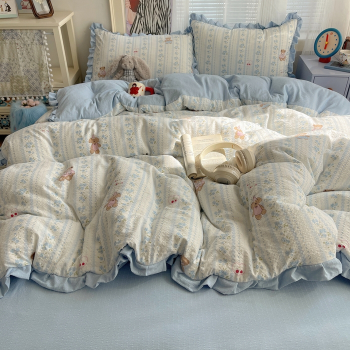 91家纺网 家纺一手货源 找家纺 迪梦姿家纺 2026新款高克重泡芙纱泡泡纱床单款四件套系列 纯宅熊