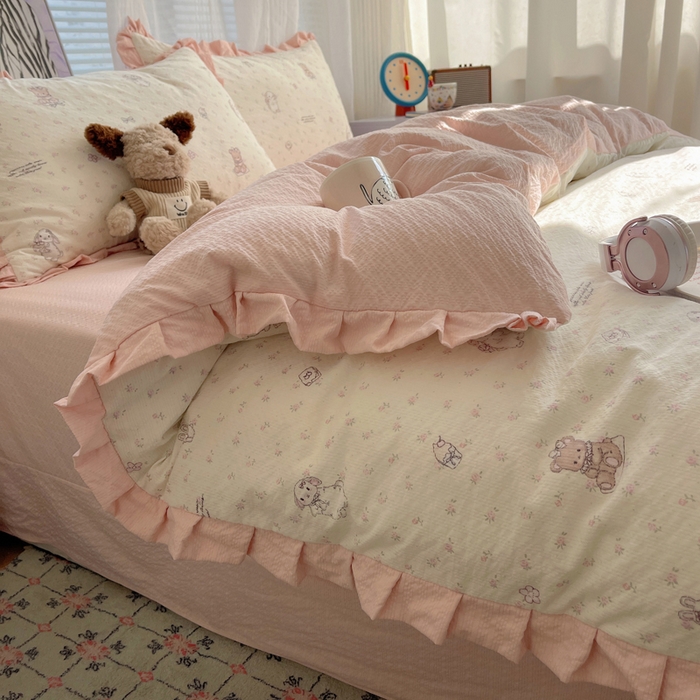 91家纺网 家纺一手货源 找家纺 迪梦姿家纺 2026新款高克重泡芙纱泡泡纱床单款四件套系列 悦悦小兔