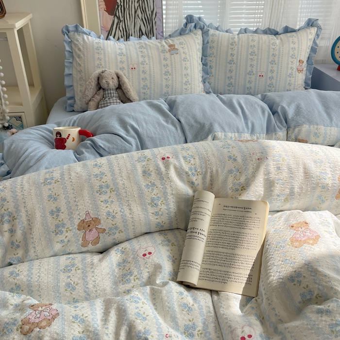 91家纺网 家纺一手货源 找家纺 迪梦姿家纺 2026新款高克重泡芙纱泡泡纱床单款四件套系列 纯宅熊