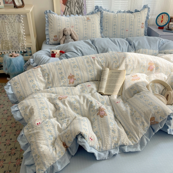 91家纺网 家纺一手货源 找家纺 迪梦姿家纺 2026新款高克重泡芙纱泡泡纱床单款四件套系列 纯宅熊