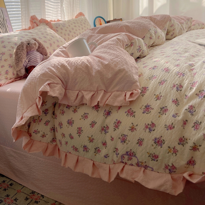 91家纺网 家纺一手货源 找家纺 迪梦姿家纺 2026新款高克重泡芙纱泡泡纱床单款四件套系列 星野蝴蝶结