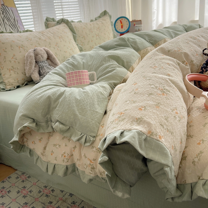 迪梦姿家纺 2026新款高克重泡芙纱泡泡纱床单款四件套系列 浅沙花影黄