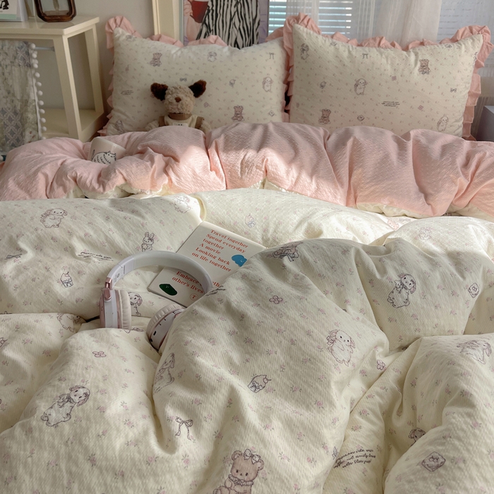 91家纺网 家纺一手货源 找家纺 迪梦姿家纺 2026新款高克重泡芙纱泡泡纱床单款四件套系列 悦悦小兔