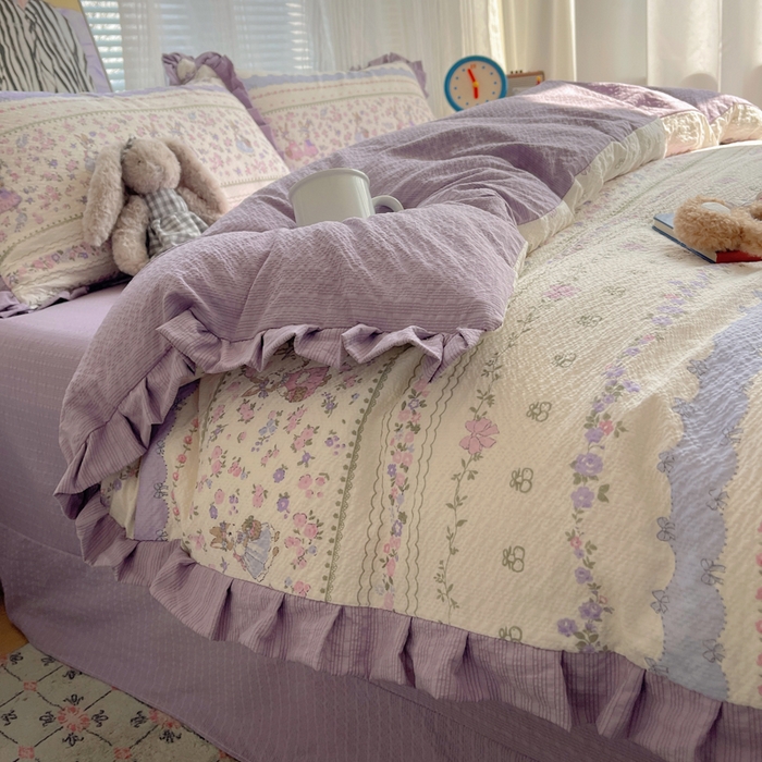 91家纺网 家纺一手货源 找家纺 迪梦姿家纺 2026新款高克重泡芙纱泡泡纱床单款四件套系列 小兔裙边