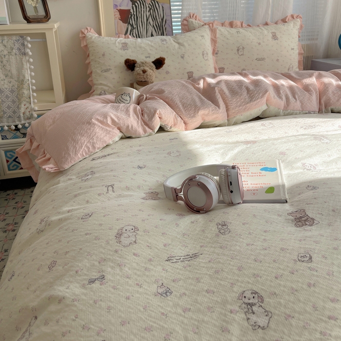 91家纺网 家纺一手货源 找家纺 迪梦姿家纺 2026新款高克重泡芙纱泡泡纱床单款四件套系列 悦悦小兔