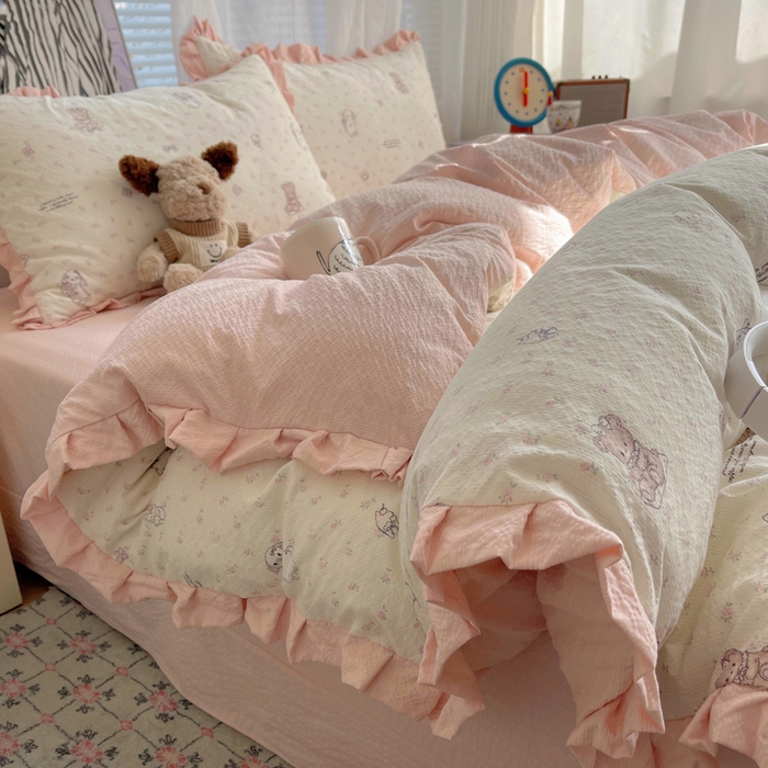 迪梦姿家纺 2026新款高克重泡芙纱泡泡纱床单款四件套系列 悦悦小兔