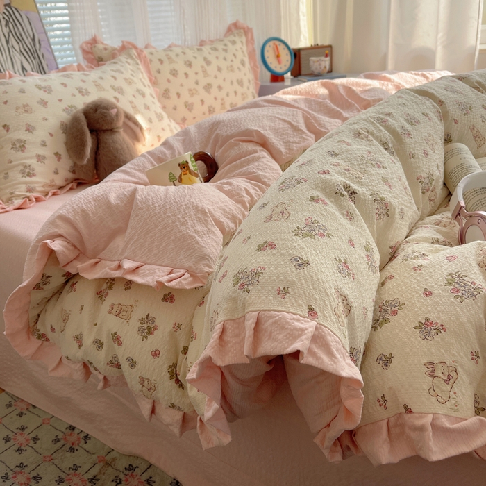 迪梦姿家纺 2026新款高克重泡芙纱泡泡纱床单款四件套系列 花野兔眠