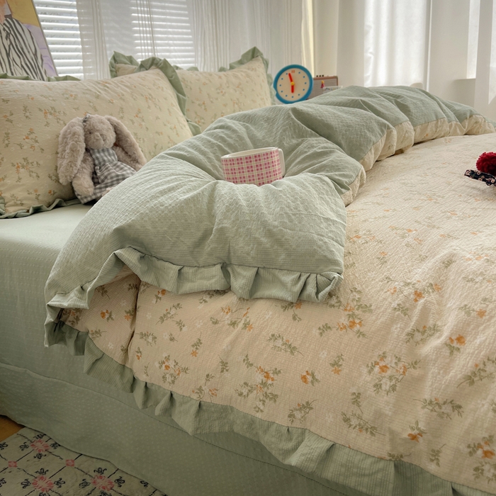 91家纺网 家纺一手货源 找家纺 迪梦姿家纺 2026新款高克重泡芙纱泡泡纱床单款四件套系列 浅沙花影黄