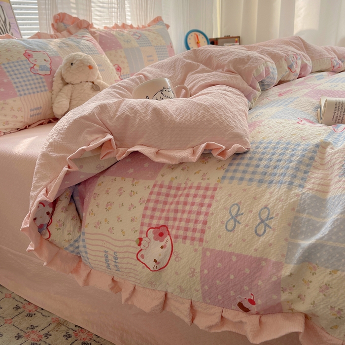 91家纺网 家纺一手货源 找家纺 迪梦姿家纺 2026新款高克重泡芙纱泡泡纱床单款四件套系列 甜喵块块