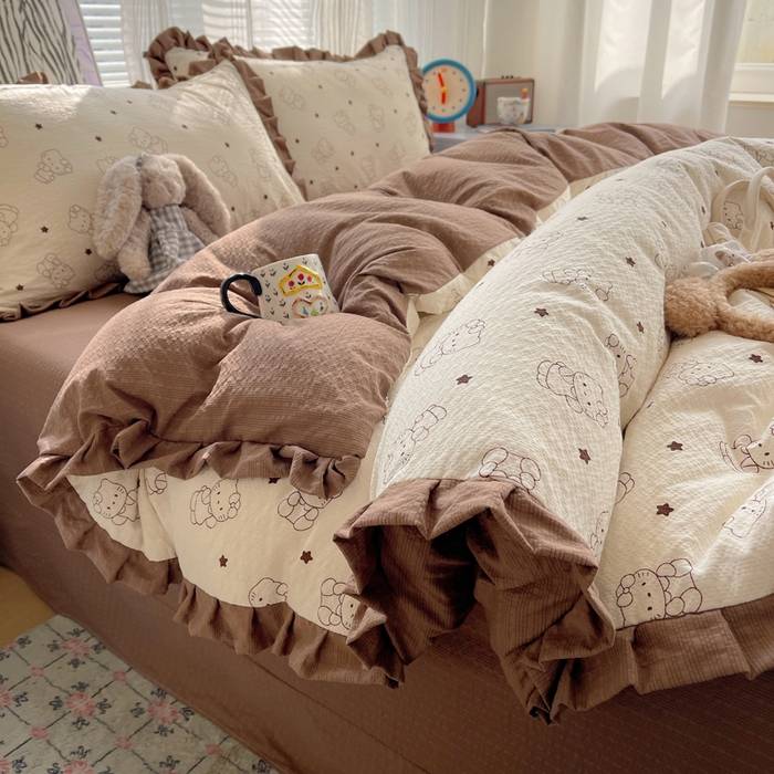 迪梦姿家纺 2026新款高克重泡芙纱泡泡纱床单款四件套系列 描线小猫咖