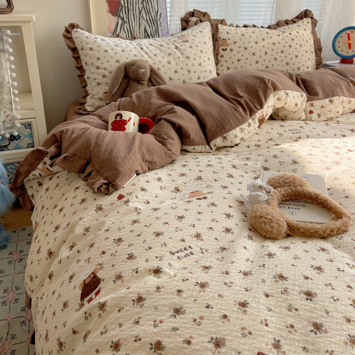 91家纺网 家纺一手货源 找家纺 迪梦姿家纺 2026新款高克重泡芙纱泡泡纱床单款四件套系列 田园兔