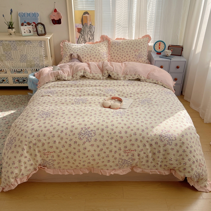 91家纺网 家纺一手货源 找家纺 迪梦姿家纺 2026新款高克重泡芙纱泡泡纱床单款四件套系列 星野蝴蝶结