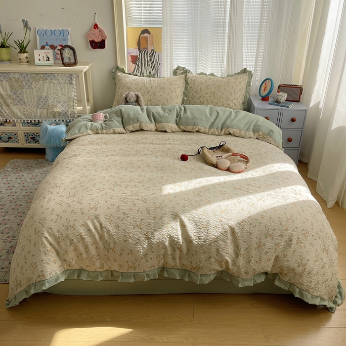 91家纺网 家纺一手货源 找家纺 迪梦姿家纺 2026新款高克重泡芙纱泡泡纱床单款四件套系列 浅沙花影黄