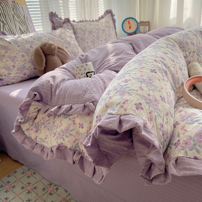 迪梦姿家纺 2026新款高克重泡芙纱泡泡纱床单款四件套系列 紫雾花蝶集