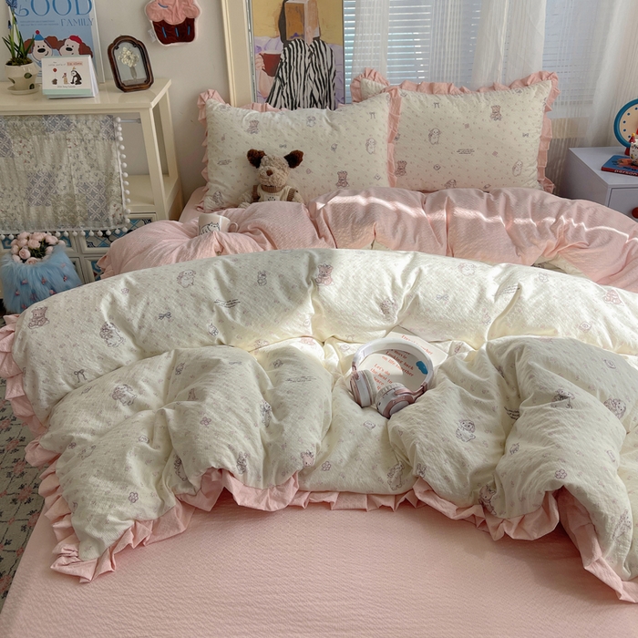 91家纺网 家纺一手货源 找家纺 迪梦姿家纺 2026新款高克重泡芙纱泡泡纱床单款四件套系列 悦悦小兔