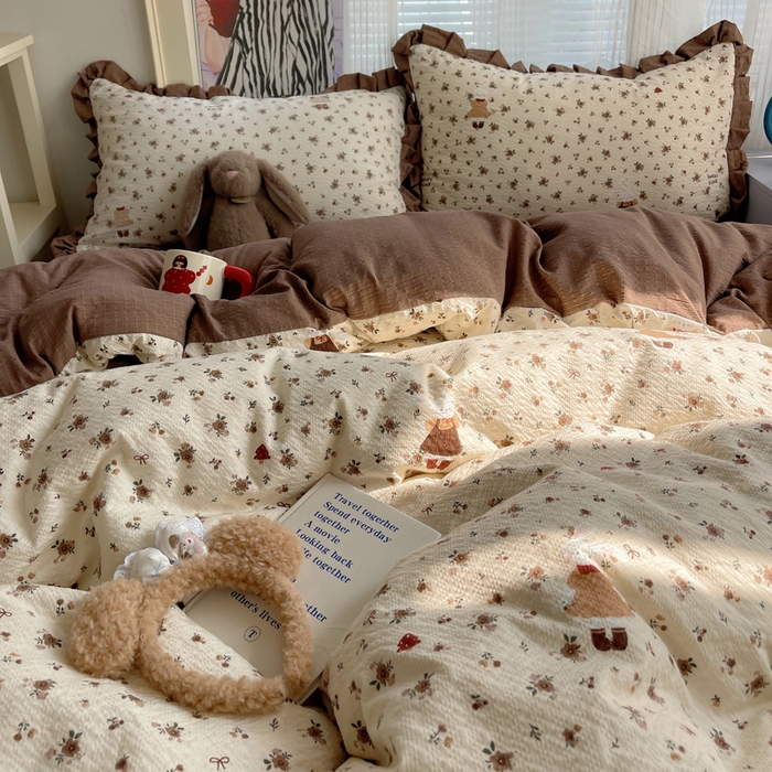 91家纺网 家纺一手货源 找家纺 迪梦姿家纺 2026新款高克重泡芙纱泡泡纱床单款四件套系列 田园兔