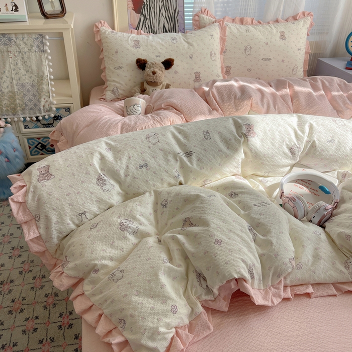 91家纺网 家纺一手货源 找家纺 迪梦姿家纺 2026新款高克重泡芙纱泡泡纱床单款四件套系列 悦悦小兔