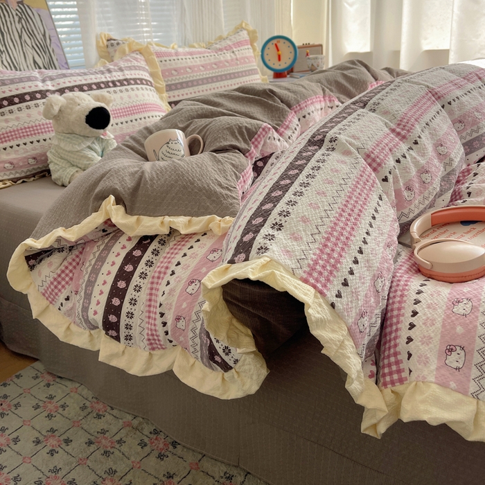 迪梦姿家纺 2026新款高克重泡芙纱泡泡纱床单款四件套系列 猫咪集粉