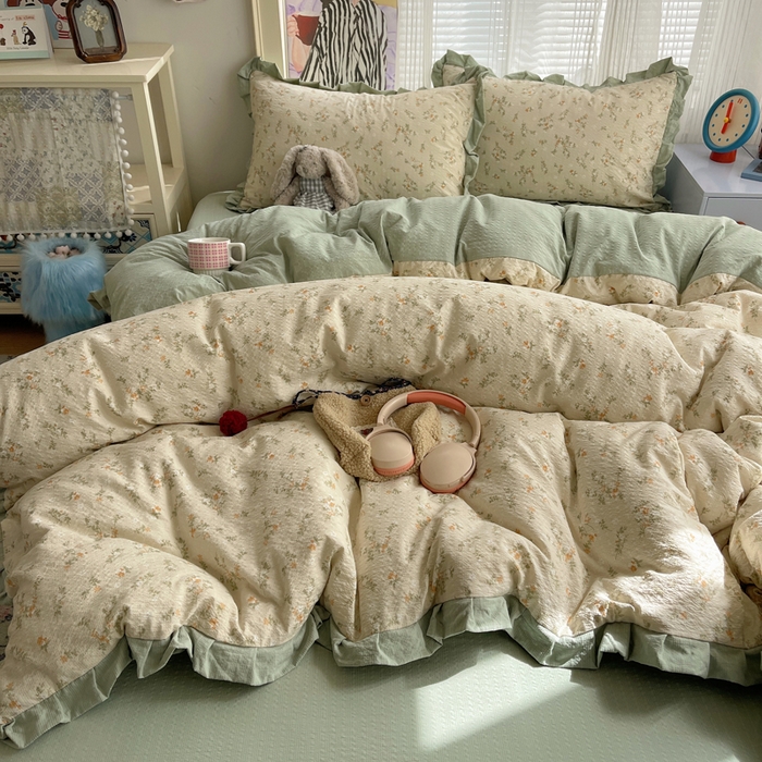 91家纺网 家纺一手货源 找家纺 迪梦姿家纺 2026新款高克重泡芙纱泡泡纱床单款四件套系列 浅沙花影黄