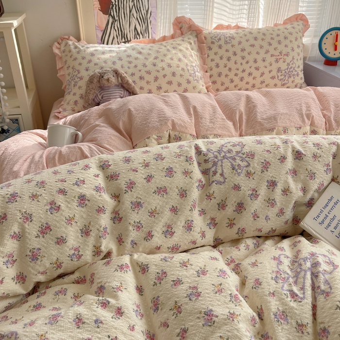 91家纺网 家纺一手货源 找家纺 迪梦姿家纺 2026新款高克重泡芙纱泡泡纱床单款四件套系列 星野蝴蝶结