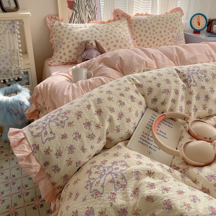 91家纺网 家纺一手货源 找家纺 迪梦姿家纺 2026新款高克重泡芙纱泡泡纱床单款四件套系列 星野蝴蝶结