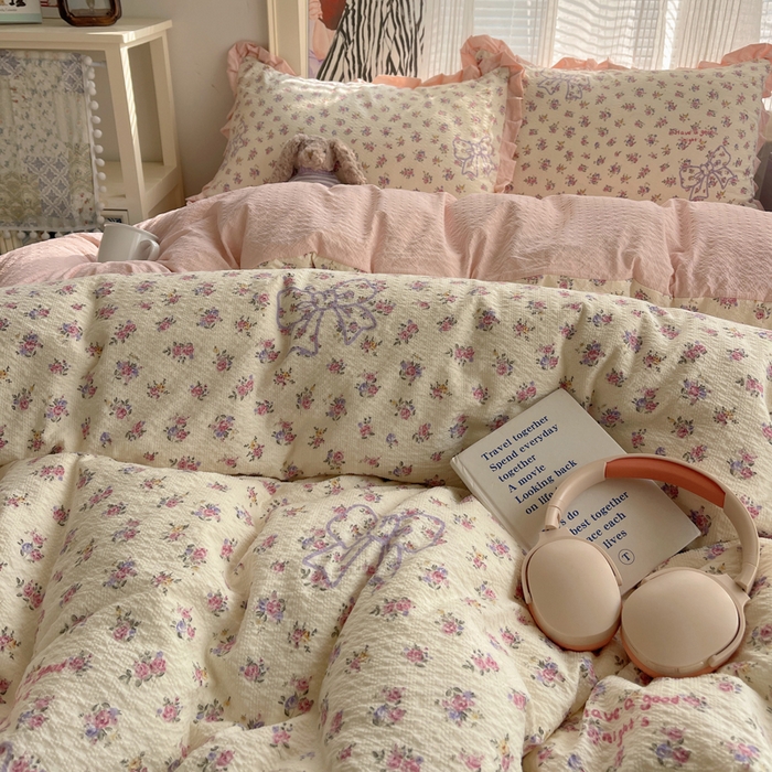 91家纺网 家纺一手货源 找家纺 迪梦姿家纺 2026新款高克重泡芙纱泡泡纱床单款四件套系列 星野蝴蝶结