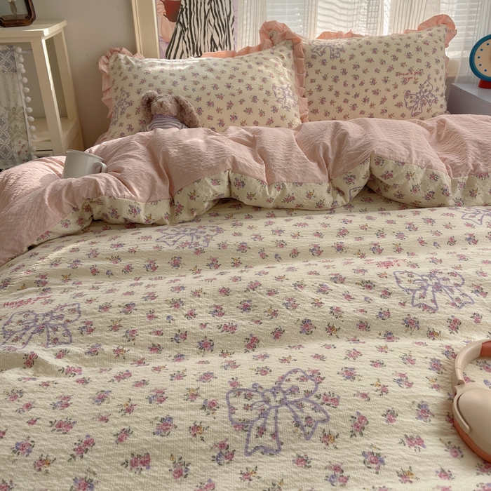 91家纺网 家纺一手货源 找家纺 迪梦姿家纺 2026新款高克重泡芙纱泡泡纱床单款四件套系列 星野蝴蝶结