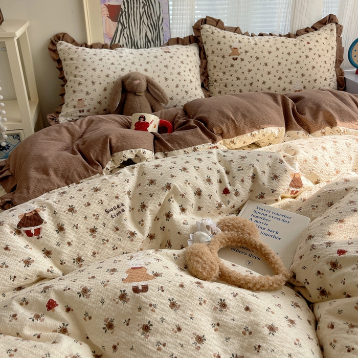 91家纺网 家纺一手货源 找家纺 迪梦姿家纺 2026新款高克重泡芙纱泡泡纱床单款四件套系列 田园兔