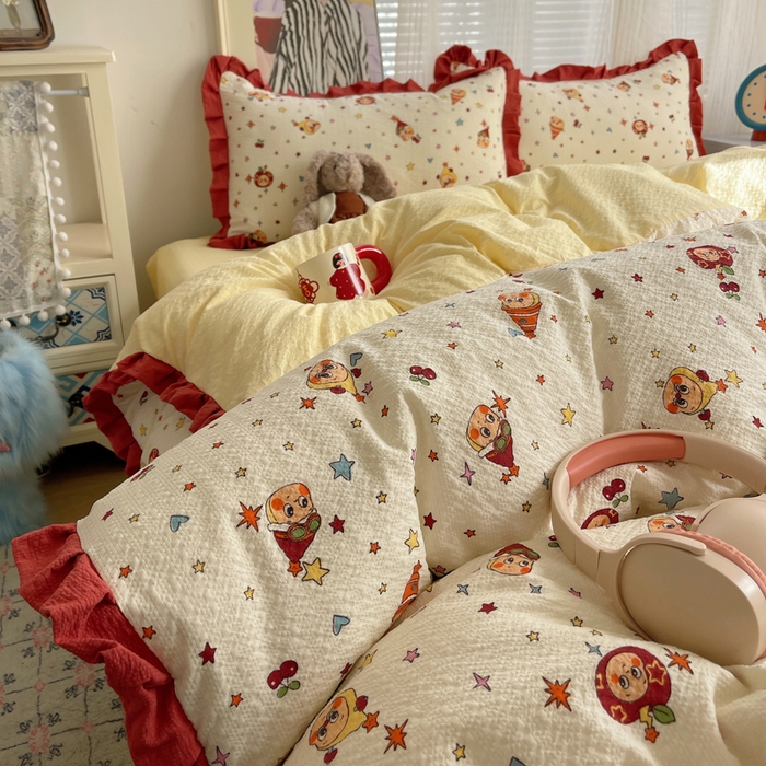 91家纺网 家纺一手货源 找家纺 迪梦姿家纺 2026新款高克重泡芙纱泡泡纱床单款四件套系列 旧街星星