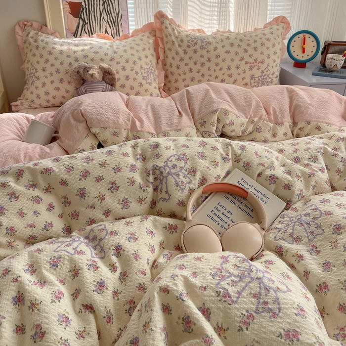 91家纺网 家纺一手货源 找家纺 迪梦姿家纺 2026新款高克重泡芙纱泡泡纱床单款四件套系列 星野蝴蝶结