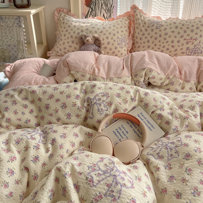 91家纺网 家纺一手货源 找家纺 迪梦姿家纺 2026新款高克重泡芙纱泡泡纱床单款四件套系列 星野蝴蝶结