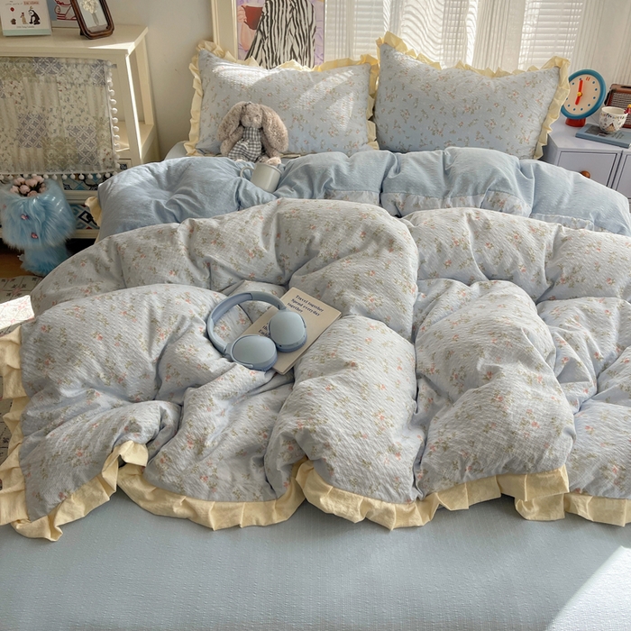 91家纺网 家纺一手货源 找家纺 迪梦姿家纺 2026新款高克重泡芙纱泡泡纱床单款四件套系列 浅沙花影蓝