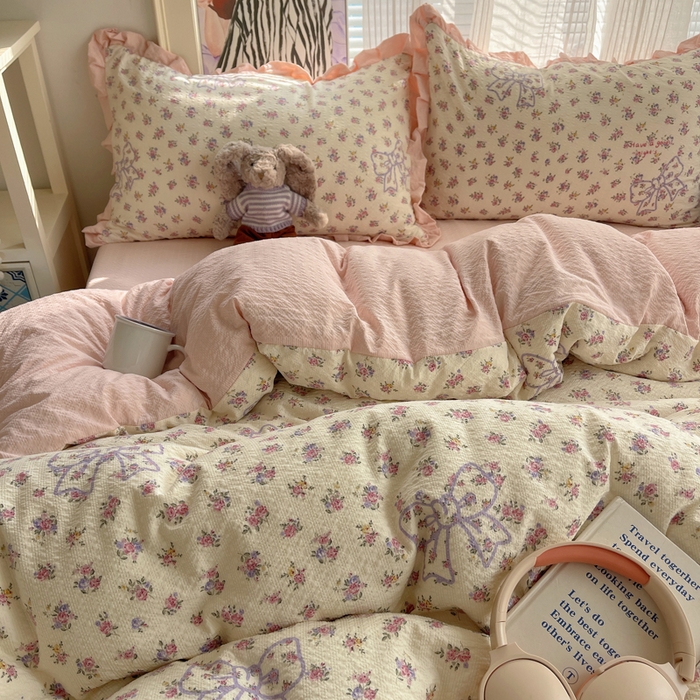 91家纺网 家纺一手货源 找家纺 迪梦姿家纺 2026新款高克重泡芙纱泡泡纱床单款四件套系列 星野蝴蝶结