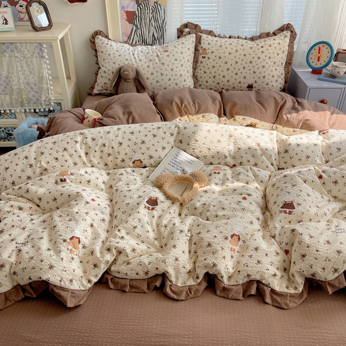 91家纺网 家纺一手货源 找家纺 迪梦姿家纺 2026新款高克重泡芙纱泡泡纱床单款四件套系列 田园兔