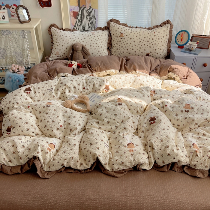 91家纺网 家纺一手货源 找家纺 迪梦姿家纺 2026新款高克重泡芙纱泡泡纱床单款四件套系列 田园兔