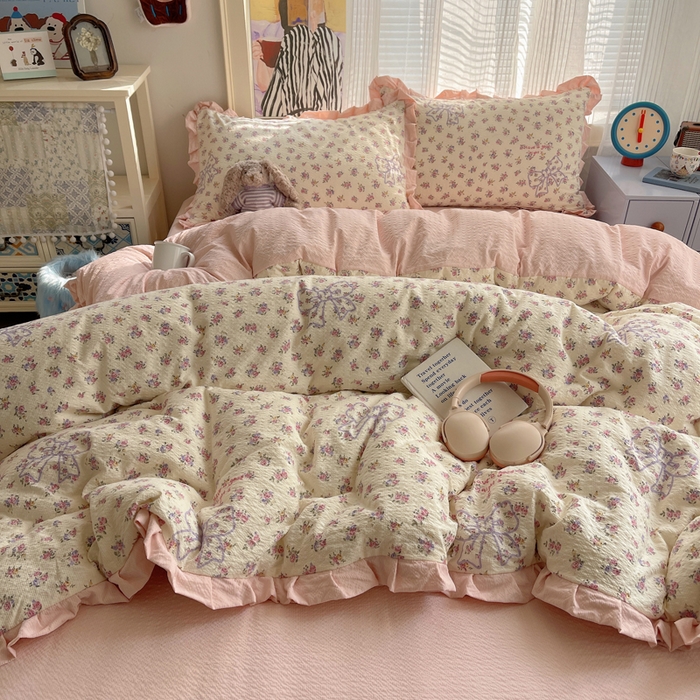 91家纺网 家纺一手货源 找家纺 迪梦姿家纺 2026新款高克重泡芙纱泡泡纱床单款四件套系列 星野蝴蝶结