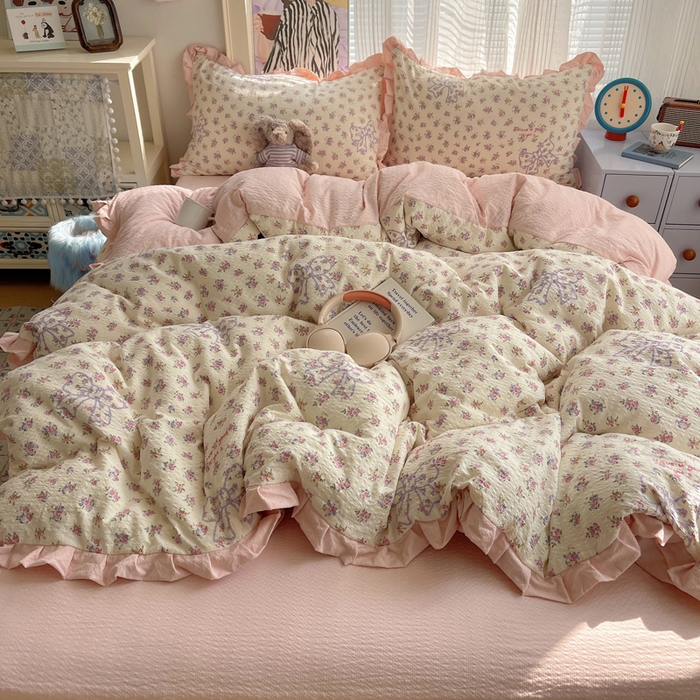 91家纺网 家纺一手货源 找家纺 迪梦姿家纺 2026新款高克重泡芙纱泡泡纱床单款四件套系列 星野蝴蝶结