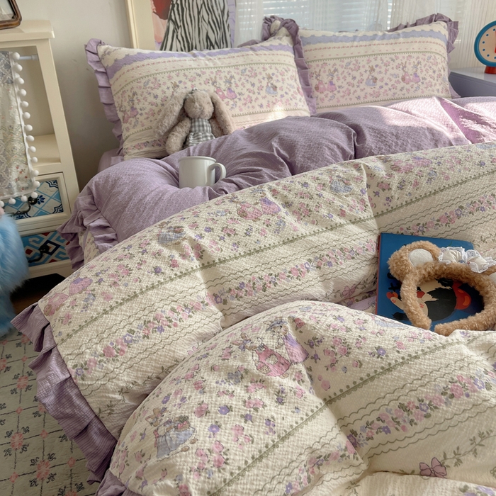 91家纺网 家纺一手货源 找家纺 迪梦姿家纺 2026新款高克重泡芙纱泡泡纱床单款四件套系列 小兔裙边