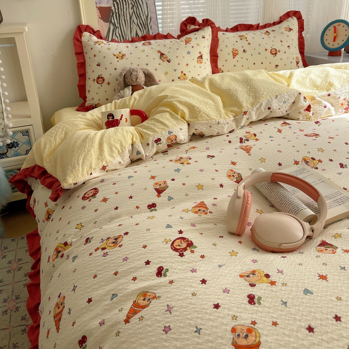 91家纺网 家纺一手货源 找家纺 迪梦姿家纺 2026新款高克重泡芙纱泡泡纱床单款四件套系列 旧街星星