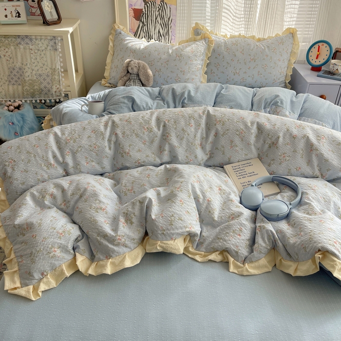 91家纺网 家纺一手货源 找家纺 迪梦姿家纺 2026新款高克重泡芙纱泡泡纱床单款四件套系列 浅沙花影蓝