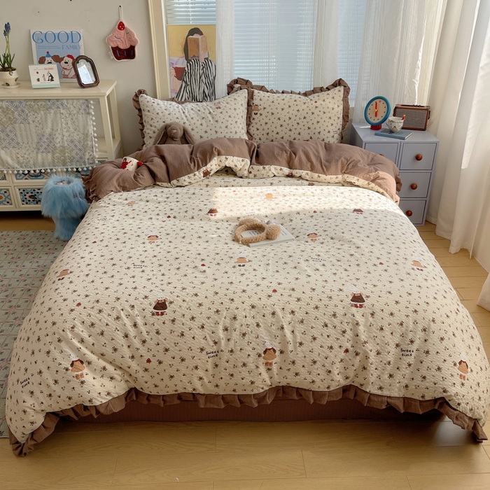 91家纺网 家纺一手货源 找家纺 迪梦姿家纺 2026新款高克重泡芙纱泡泡纱床单款四件套系列 田园兔