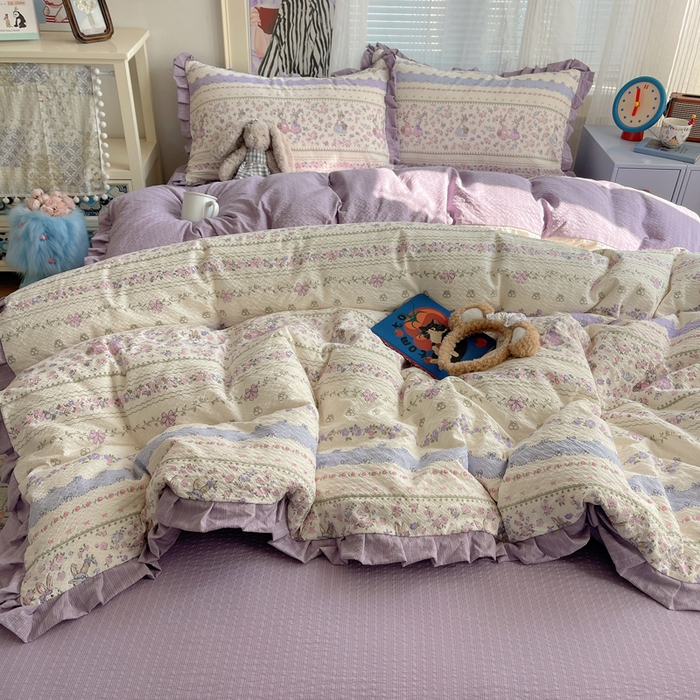 91家纺网 家纺一手货源 找家纺 迪梦姿家纺 2026新款高克重泡芙纱泡泡纱床单款四件套系列 小兔裙边