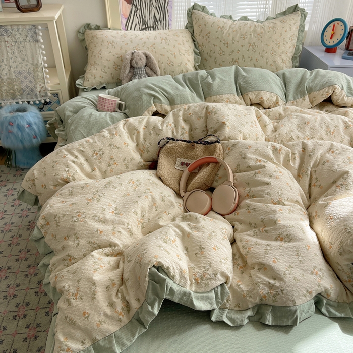 91家纺网 家纺一手货源 找家纺 迪梦姿家纺 2026新款高克重泡芙纱泡泡纱床单款四件套系列 浅沙花影黄