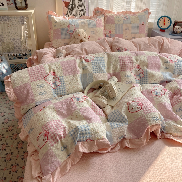 91家纺网 家纺一手货源 找家纺 迪梦姿家纺 2026新款高克重泡芙纱泡泡纱床单款四件套系列 甜喵块块