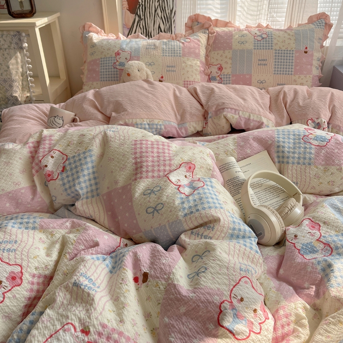 91家纺网 家纺一手货源 找家纺 迪梦姿家纺 2026新款高克重泡芙纱泡泡纱床单款四件套系列 甜喵块块