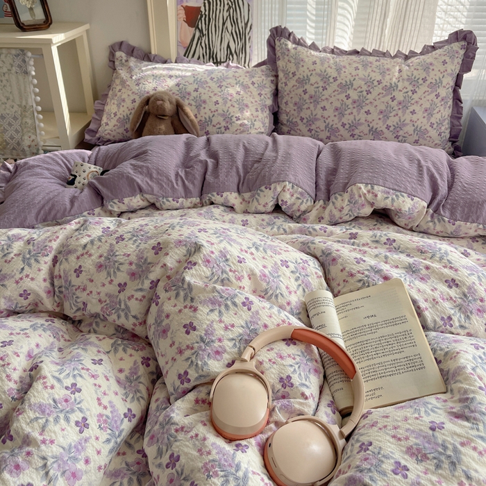 91家纺网 家纺一手货源 找家纺 迪梦姿家纺 2026新款高克重泡芙纱泡泡纱床单款四件套系列 紫雾花蝶集